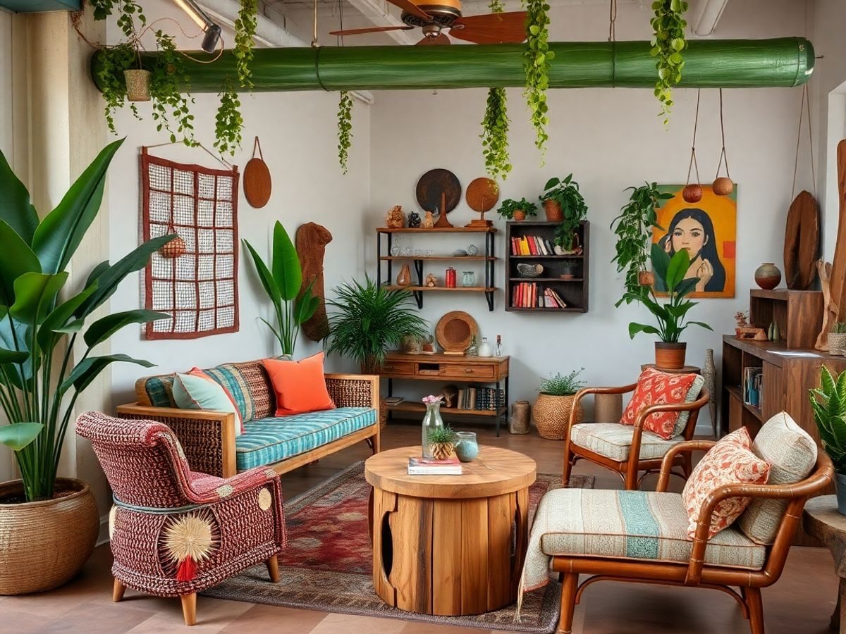Amenajări interioare cu materiale reciclate și plante verzi.