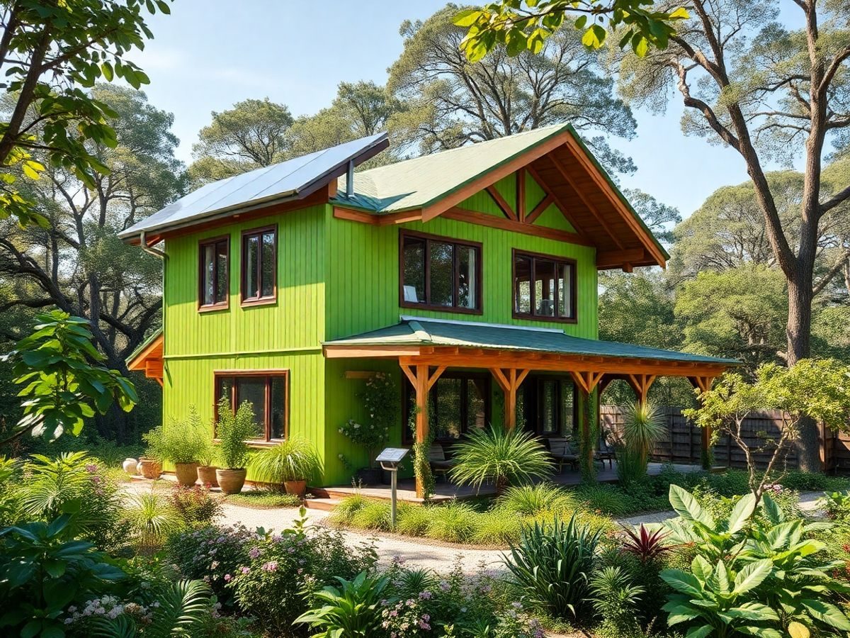 Casă verde cu plante și panouri solare.