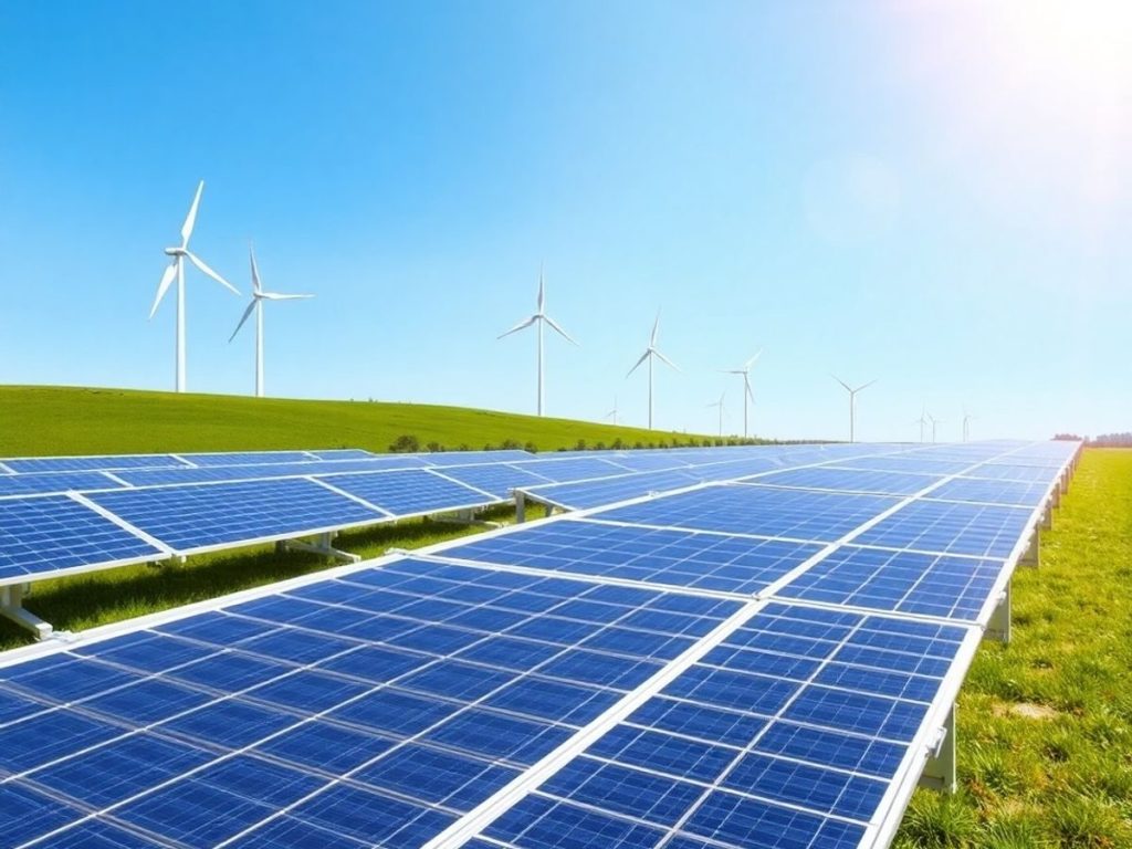 Panouri solare și turbine eoliene pe un peisaj verde.