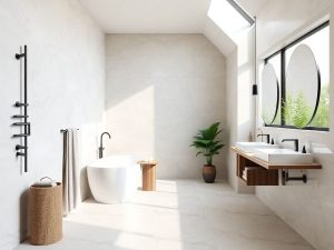 Design modern de baie cu cada si plante verzi.