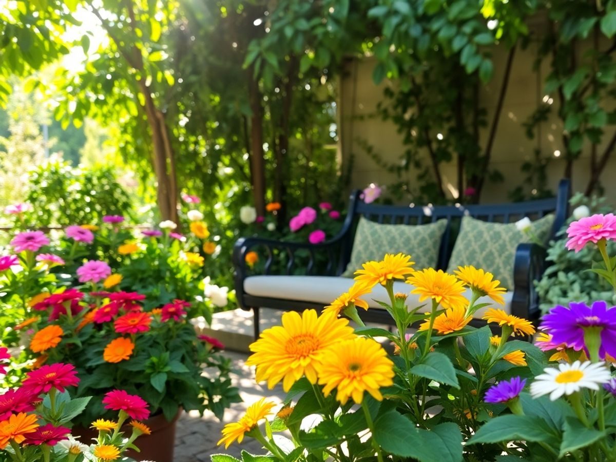 Grădină luxuriantă cu flori colorate și zonă de relaxare