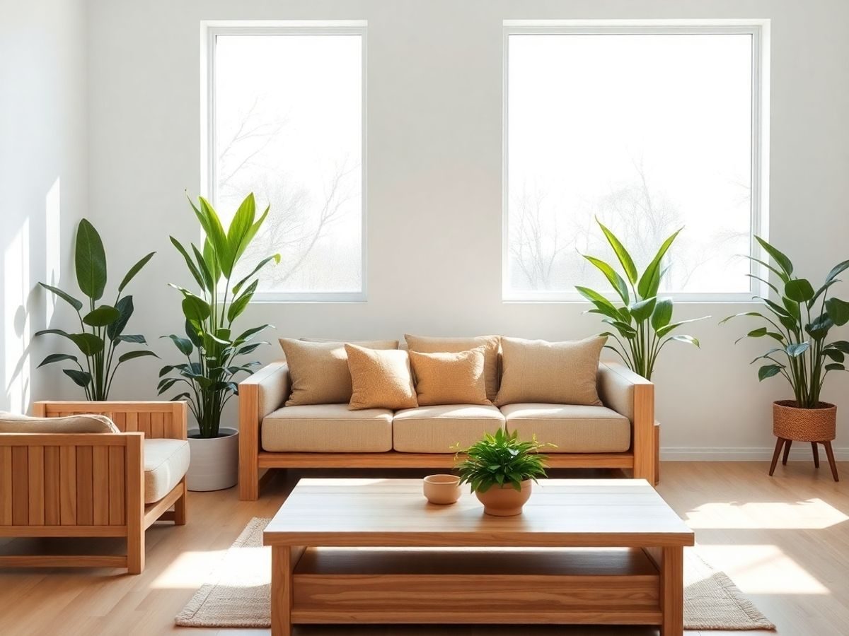 Mobilier ecologic modern, lemn, plante, lumină naturală.