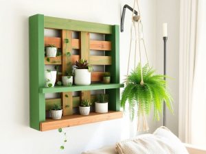 colț de living cu raft din paleți, plante și lampă