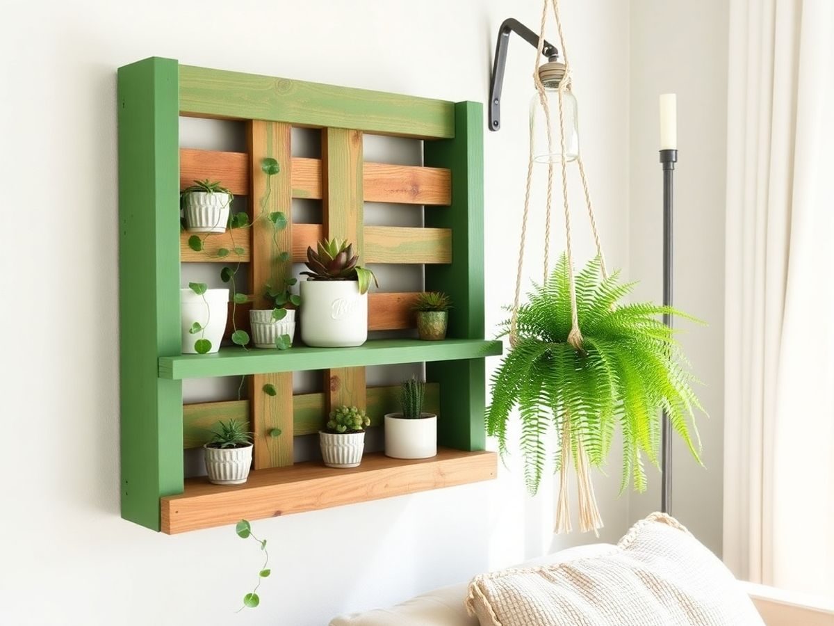 colț de living cu raft din paleți, plante și lampă