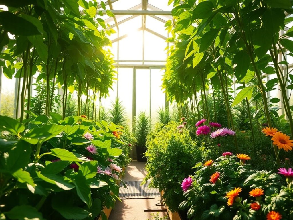 Seră interioară cu plante crescând.