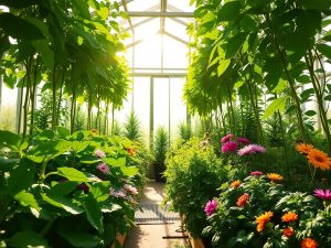 Seră interioară cu plante crescând.