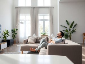 Eco Living 6 Persoană zâmbind, bucurându-se de confort modern.