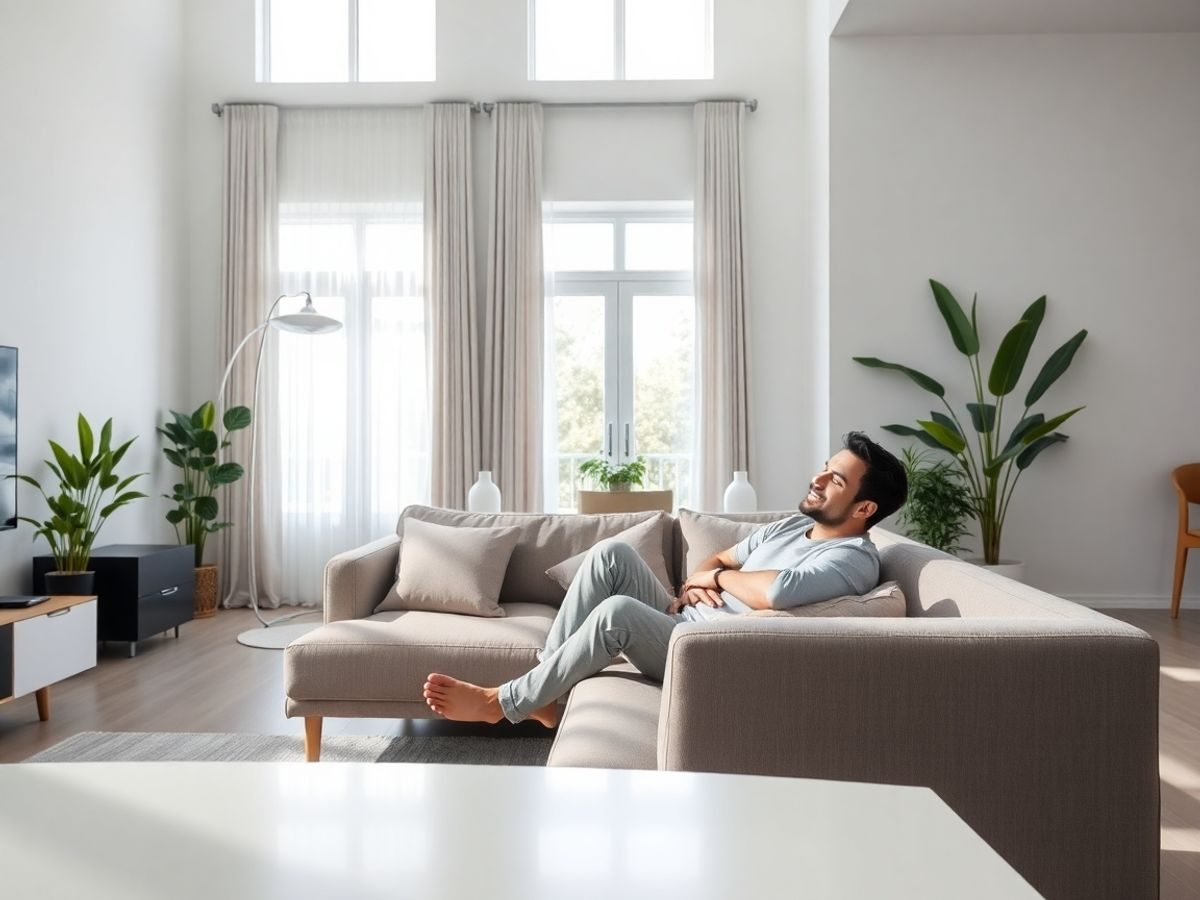 Persoană zâmbind, bucurându-se de confort modern.