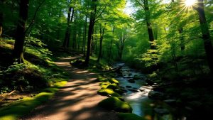 Pădure verde cu un pârâu și raze de soare.