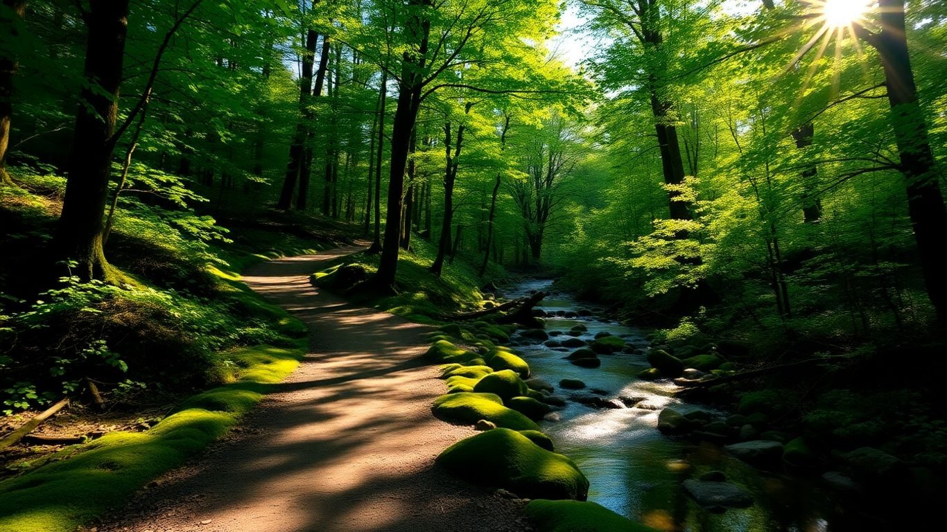 Pădure verde cu un pârâu și raze de soare.