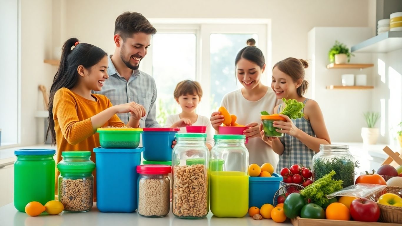 Familie fericită fără plastic în bucătărie.