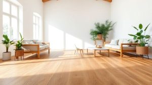 Pardoseli din plută, cânepă și bambus într-o cameră luminoasă.