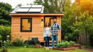 Tineri lângă o mini-casă verde, simbol al vieții sustenabile.