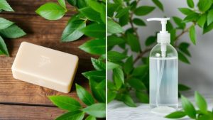 Săpun solid și gel de duș, produse de igienă personală.